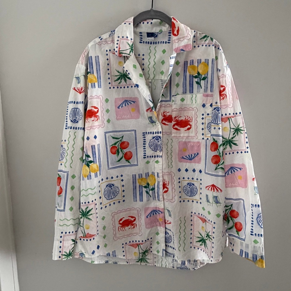 Old Navy Coastal Stamp Patchwork Button Down Shirt White Summer Beach Small